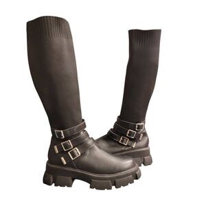 Motorcycle Boots Stretch Fabric Sock Knee-high Platform Black Goth Biker Boots